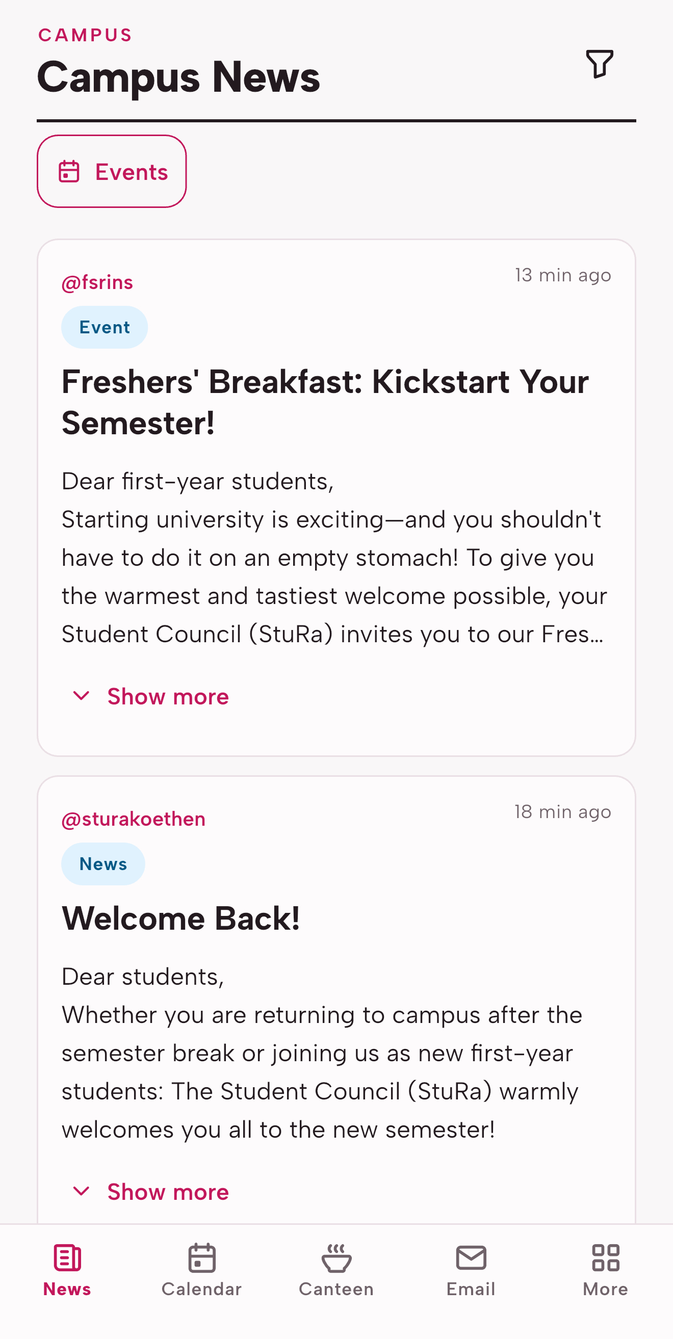 English Campus News showing current announcements and events